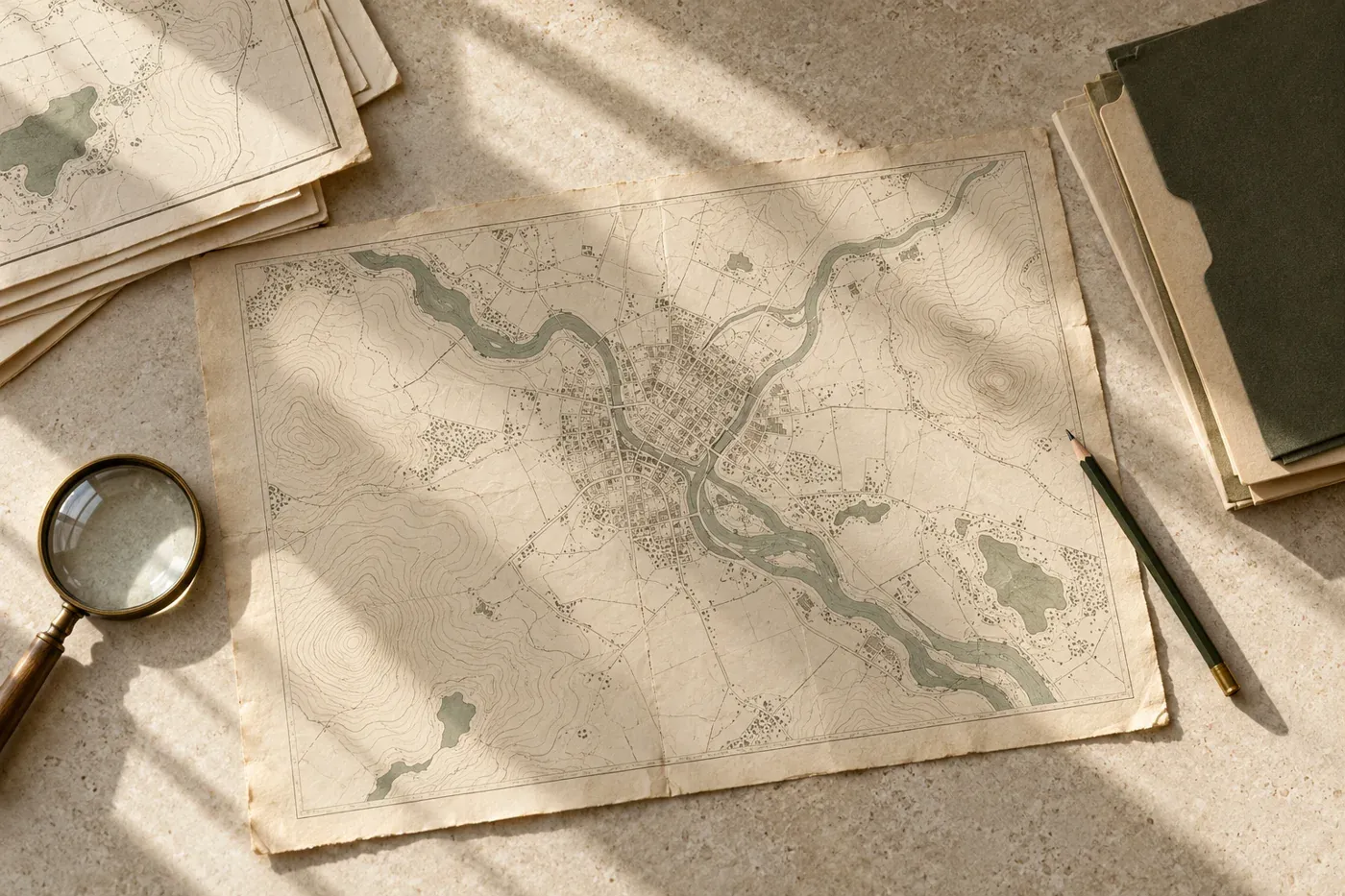 Mapas e pastas organizados sobre uma mesa de consulta, em composição ilustrativa.