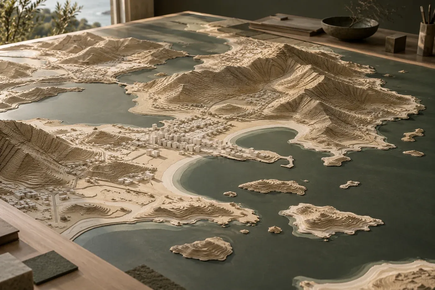 Maquete ilustrativa de relevo, água e ocupação urbana em um território imaginário.