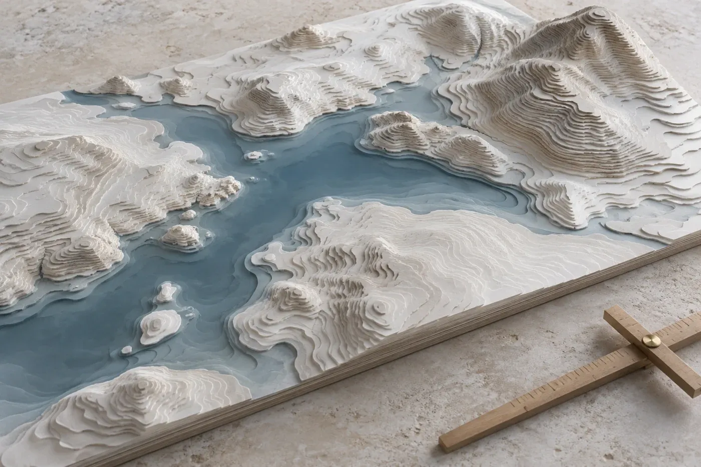 Camadas de papel e superfícies de água em uma maquete cartográfica ilustrativa.