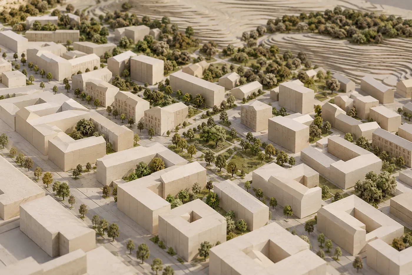 Maquete urbana ilustrativa com volumes de edificações e relevo.